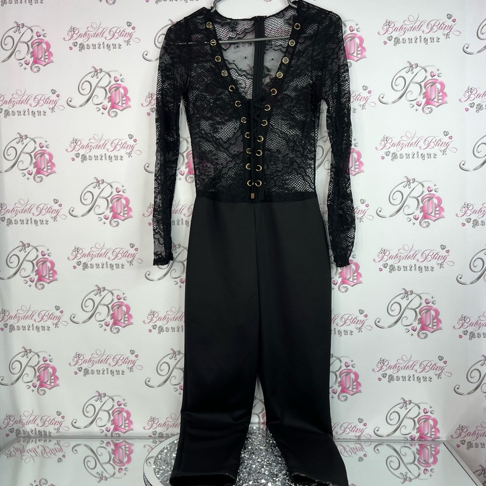 One piece pants suit jumper Lacie gold tie up Black Lace Jumpsuit Gold Accents